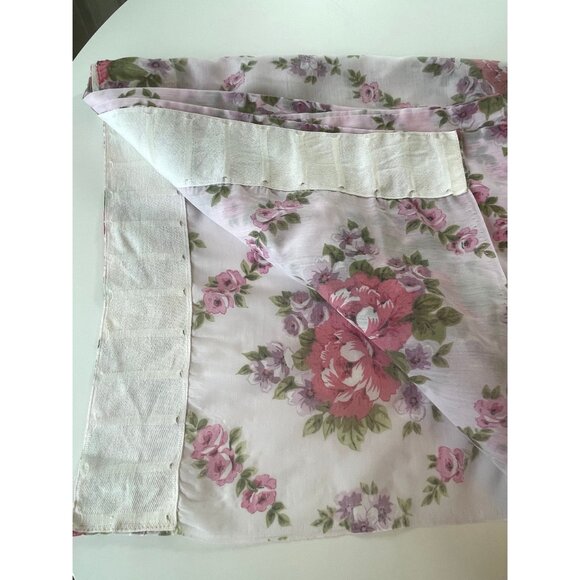 Vintage 70s pleated curtain with pompons, pink roses floral double panels - Picture 8 of 10